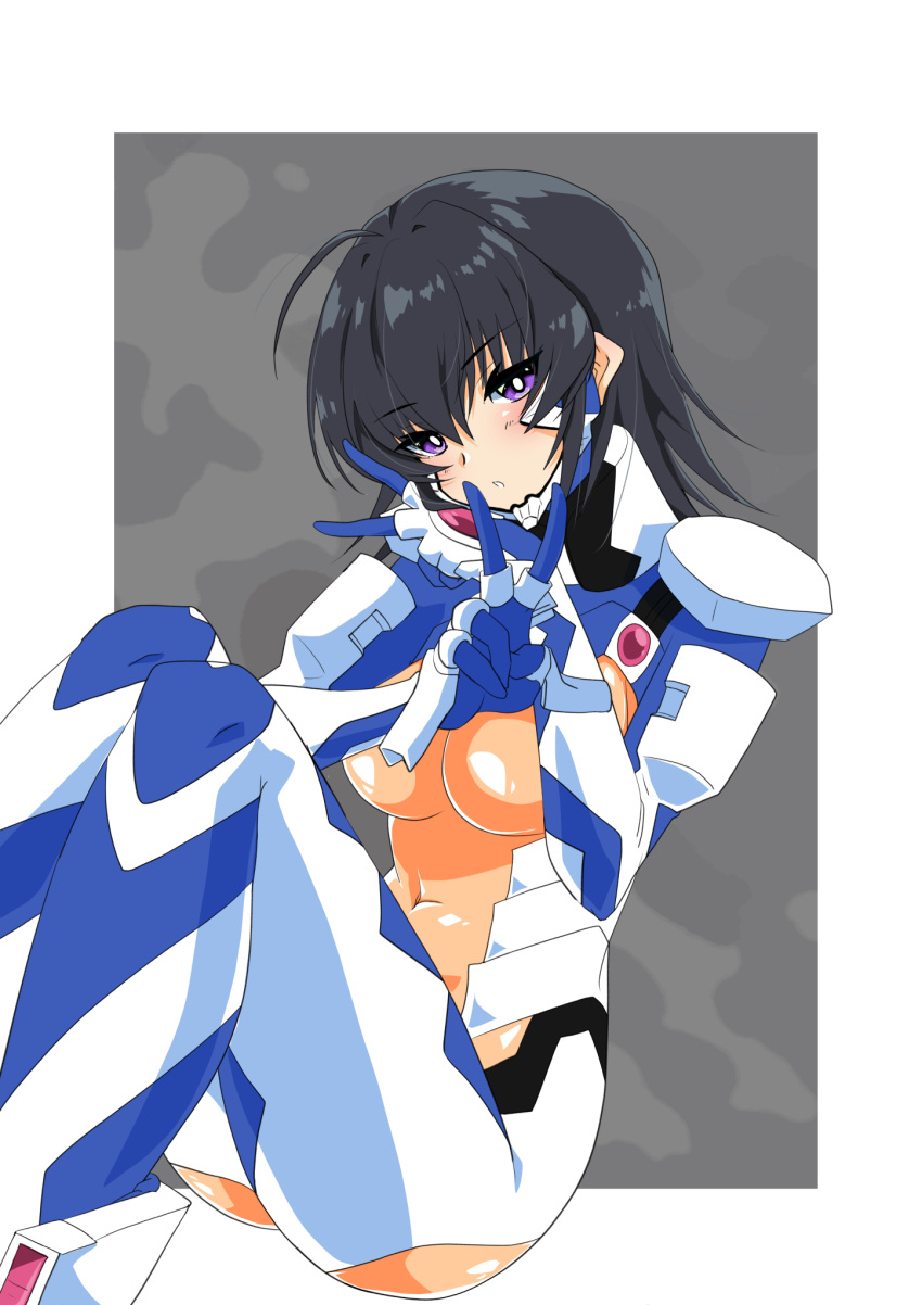 1girl :o ahoge ayamine_kei blush bodysuit border breasts bright_pupils covered_navel double_v eyebrows_visible_through_hair fortified_suit grey_background hair_behind_ear head_tilt highres kamon_rider looking_at_viewer medium_breasts medium_hair muvluv muvluv_alternative outside_border pilot_suit purple_eyes sitting solo v white_border white_pupils