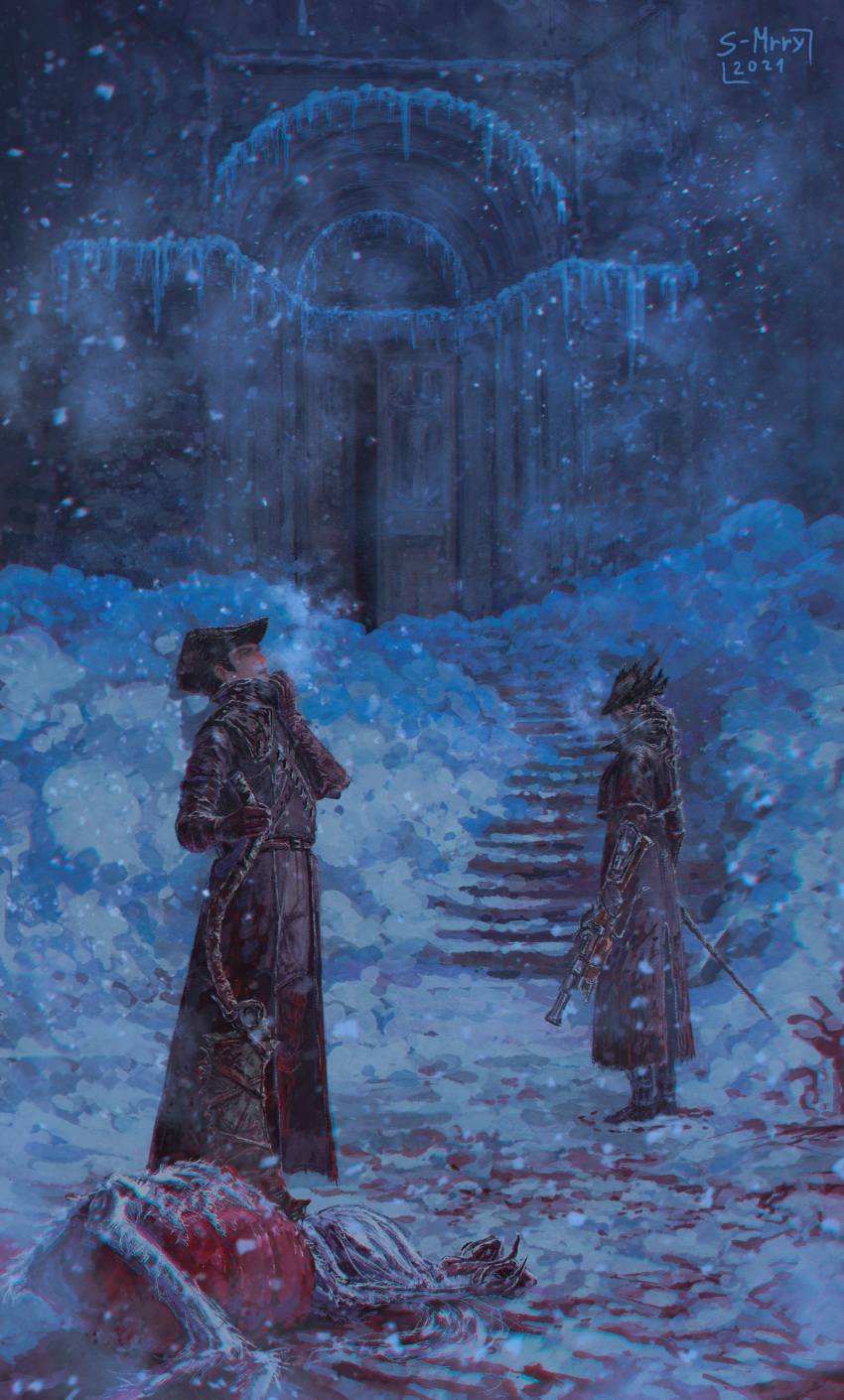 absurdres artist_name blood bloodborne bloodexer boots castle cloak coat cold dated dual_wielding gloves gun hat highres holding ice ponytail saw_cleaver snow snowing stairs standing sword tricorne weapon