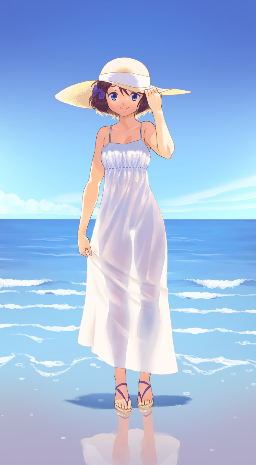 1girl absurdres blue_eyes blue_sky brown_hair cloud commission dress gloamy hand_on_headwear hat highres horizon looking_at_viewer ocean original reflection see-through_dress see-through_silhouette short_hair sky smile solo straw_hat sundress thighs translucent water