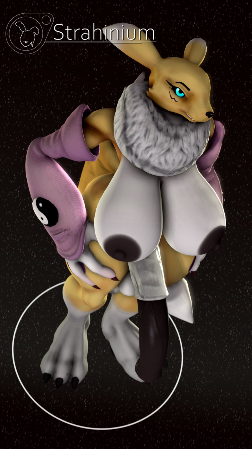 3d_(artwork) animal_genitalia animal_penis anthro armwear balls bandai_namco big_breasts big_penis black_sclera blue_eyes breasts canid clothing digimon digimon_(species) digital_media_(artwork) equine_penis fur genitals gynomorph hands_on_hips hi_res intersex long_penis mammal neck_tuft nipples nude penis renamon solo solo_focus source_filmmaker strahinium tuft white_body white_fur yellow_body yellow_fur