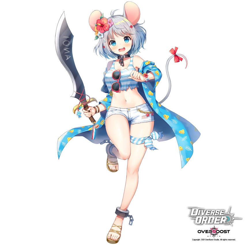 1girl animal_ears antenna_hair bare_shoulders blue_eyes blue_jacket bow brown_footwear cameltoe camisole chain character_request collarbone commentary_request crop_top cuffs cutlass_(sword) diverse_order eyewear_hang eyewear_removed flower full_body grey_hair hair_flower hair_ornament highres holding holding_sword holding_weapon jacket korean_commentary long_sleeves looking_at_viewer mauve midriff mouse_ears mouse_girl mouse_tail navel off_shoulder official_art open_mouth pink_flower red-framed_eyewear red_bow red_flower sandals short_shorts shorts simple_background solo standing standing_on_one_leg striped_camisole sunglasses sword tail tail_bow tail_ornament teeth torn_camisole upper_teeth v-shaped_eyebrows watermark weapon white_background white_flower white_shorts wide_sleeves