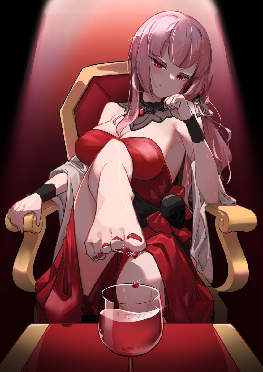 1girl absurdres alcohol arm_support bangs bare_shoulders barefoot blunt_bangs bow breasts chair cup dress drinking_glass feet flower foot_focus hair_flower hair_ornament highres hololive hololive_english large_breasts long_hair mori_calliope nail_polish official_alternate_costume pink_hair pompmaker1 red_dress red_eyes red_nails rose side_ponytail sitting skull solo strapless strapless_dress toenail_polish toenails toes virtual_youtuber wine wine_glass