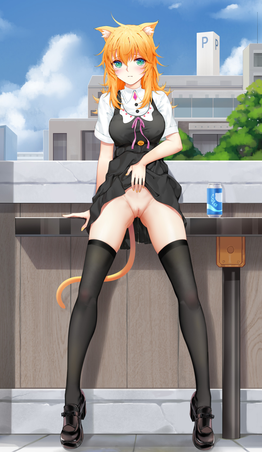 1girl absurdres animal_ears bangs black_footwear black_legwear blonde_hair blue_eyes blush breasts building can cat_ears cat_girl cat_tail closed_mouth clothes_lift cloud day dress dress_lift eyebrows_visible_through_hair highres lifted_by_self looking_at_viewer medium_breasts no_panties original outdoors pussy pussy_juice revision shirt short_sleeves soda_can solo sonikey0_0 tail thighhighs tree uncensored white_shirt