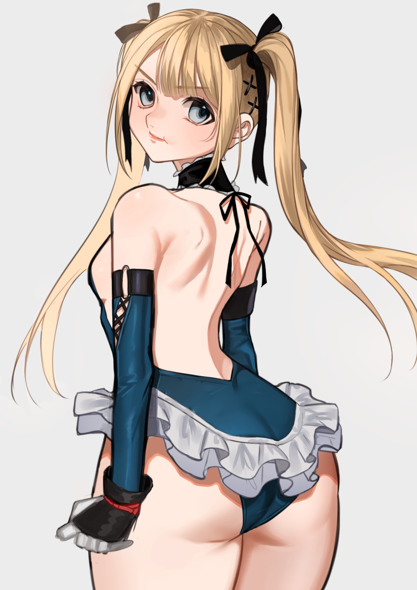 1girl absurdres ass back baka0000 bangs bare_shoulders black_ribbon blonde_hair blue_eyes blue_leotard breasts dead_or_alive dead_or_alive_5 detached_sleeves frilled_leotard frills garters hair_ornament hair_ribbon hands_on_hips highres leotard looking_at_viewer looking_back marie_rose one_eye_closed pout ribbon sideboob simple_background small_breasts smile solo standing twintails white_background x_hair_ornament