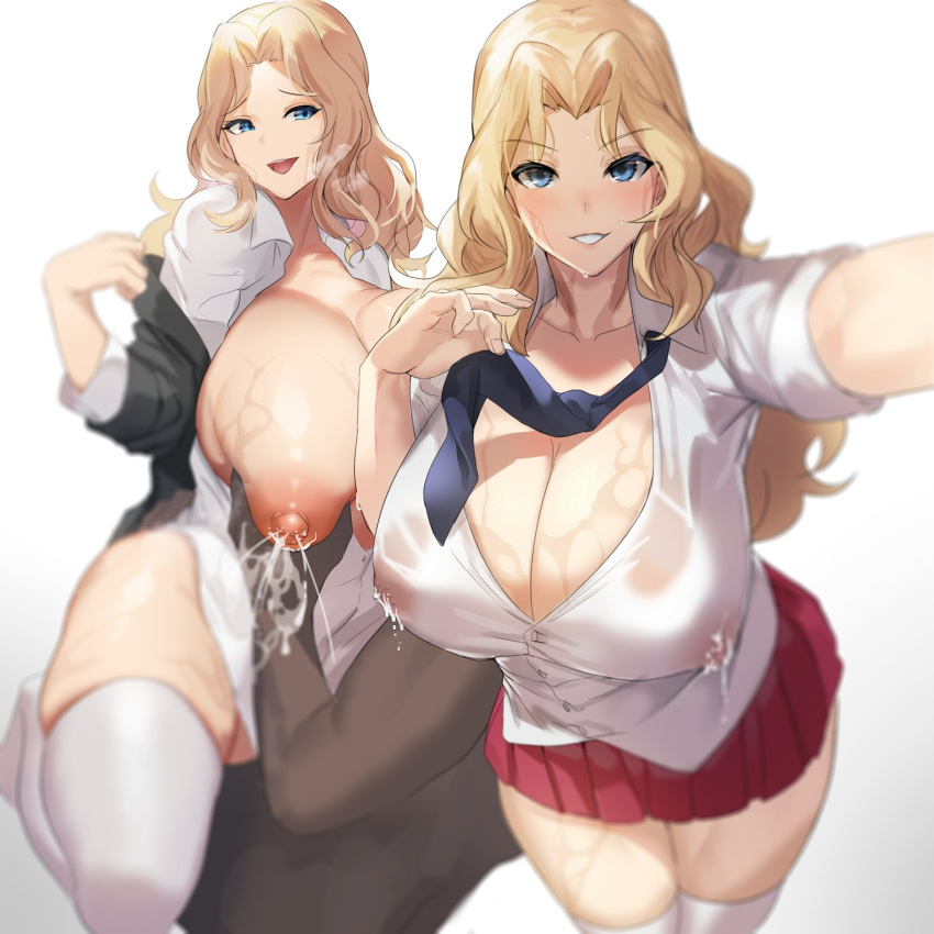 1boy 1girl blonde_hair blue_eyes blue_necktie breast_grab breast_milk breasts cleavage collared_shirt dark-skinned_male dark_skin girls_und_panzer grabbing highres huge_breasts kay_(girls_und_panzer) lactation long_hair looking_at_viewer necktie open_mouth out_of_frame pleated_skirt red_skirt sakanaaj1 see-through shirt skirt sleeves_rolled_up smile sweat thick_thighs thighhighs thighs white_background white_legwear