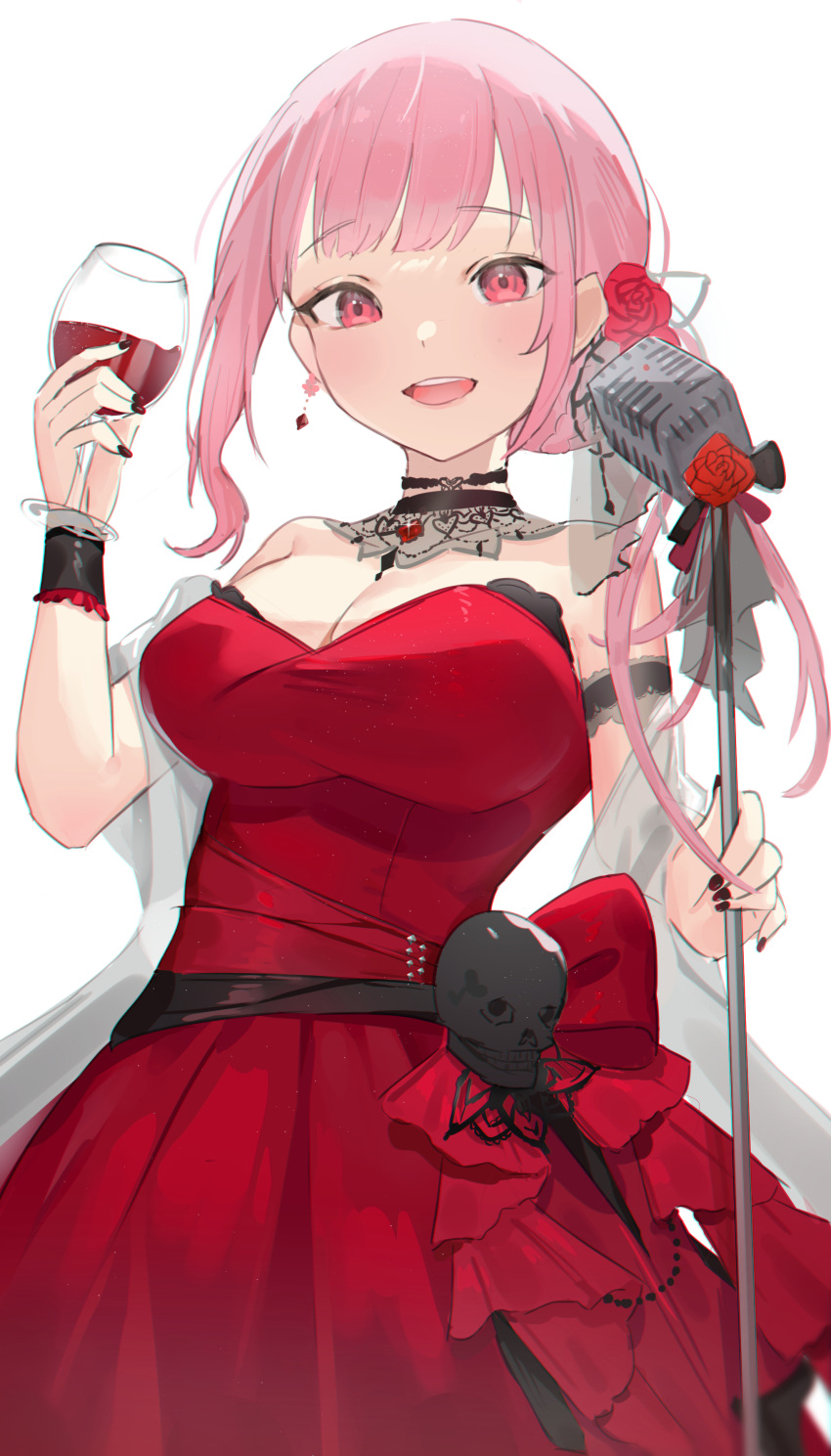 1girl absurdres alcohol bare_shoulders black_choker black_nails breasts choker cleavage commentary cup dress drinking_glass fingernails flower gurina hair_flower hair_ornament highres holding holding_cup hololive hololive_english large_breasts long_hair looking_at_viewer microphone mori_calliope nail_polish open_mouth pink_eyes pink_hair red_dress red_flower red_rose rose smile solo teeth upper_teeth virtual_youtuber wine wine_glass
