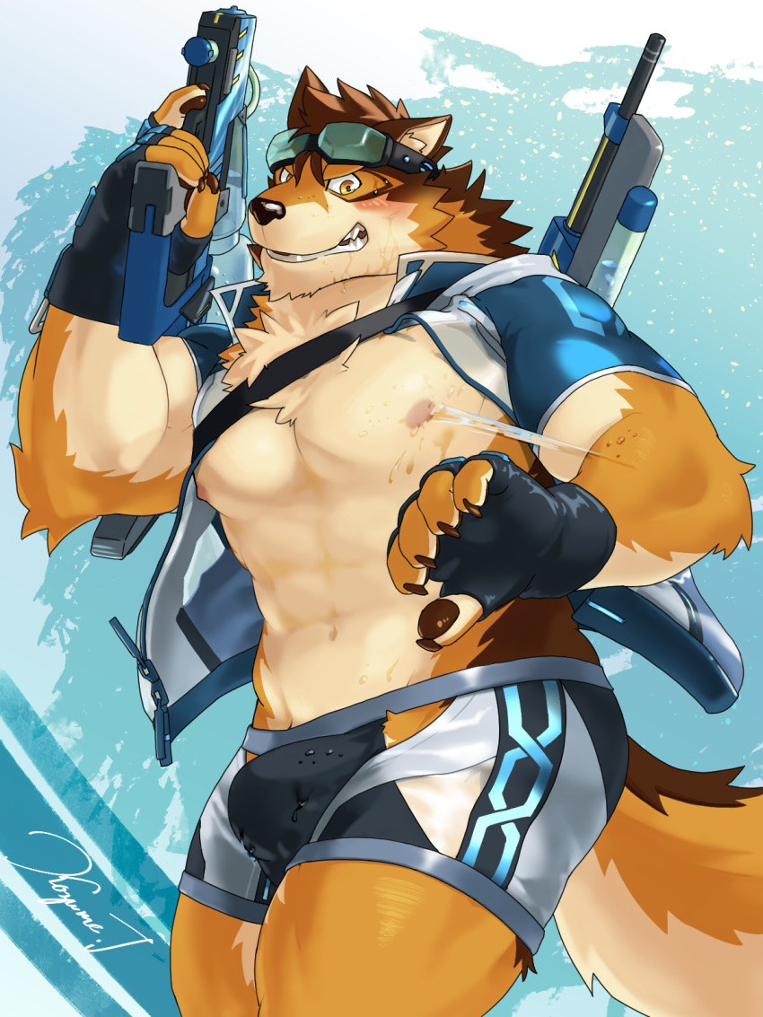 1boy abs animal_ears bara bare_pectorals barrel_(live_a_hero) beige_fur blush brown_fur bulge clothing_cutout dog_boy dog_ears dog_tail feet_out_of_frame fingerless_gloves fluffy furry furry_male gloves grey_male_swimwear highres holding holding_water_gun kozume_(kozumetako) large_bulge large_pectorals live_a_hero looking_at_viewer male_focus male_swimwear muscular muscular_male navel nipples official_alternate_costume open_clothes open_shirt orange_fur pectorals short_hair smile solo stomach swim_briefs swimsuit tail thick_thighs thigh_cutout thighs water_gun wet wet_clothes wet_swimsuit