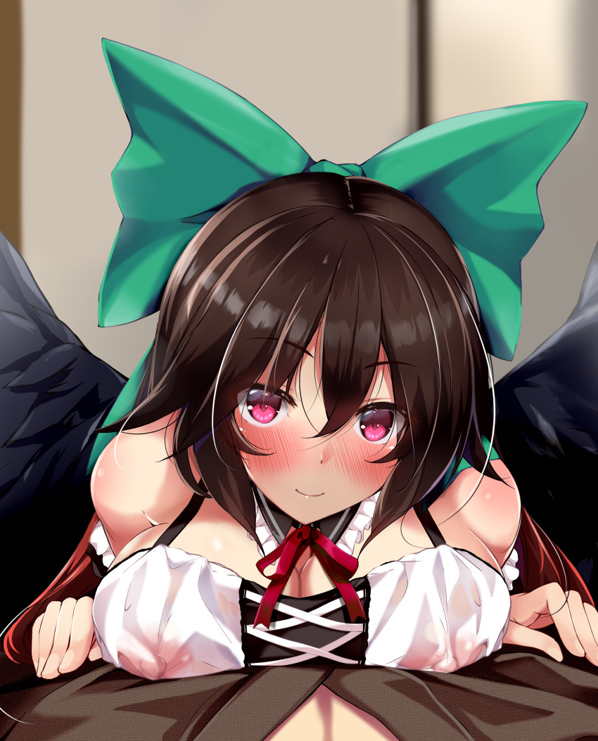 1boy 1girl absurdres alternate_costume alternate_eye_color bangs bird_wings black_collar black_wings blush bow breast_press breasts brown_hair brown_kimono camisole cleavage closed_mouth collar commentary_request control_rod covered_nipples dd_mayohara detached_collar eyebrows_visible_through_hair frilled_collar frills green_bow hair_between_eyes highres japanese_clothes kimono large_breasts long_hair looking_at_viewer neck_ribbon nipples pink_eyes pov red_ribbon reiuji_utsuho ribbon see-through solo_focus textless touhou upper_body white_camisole wings