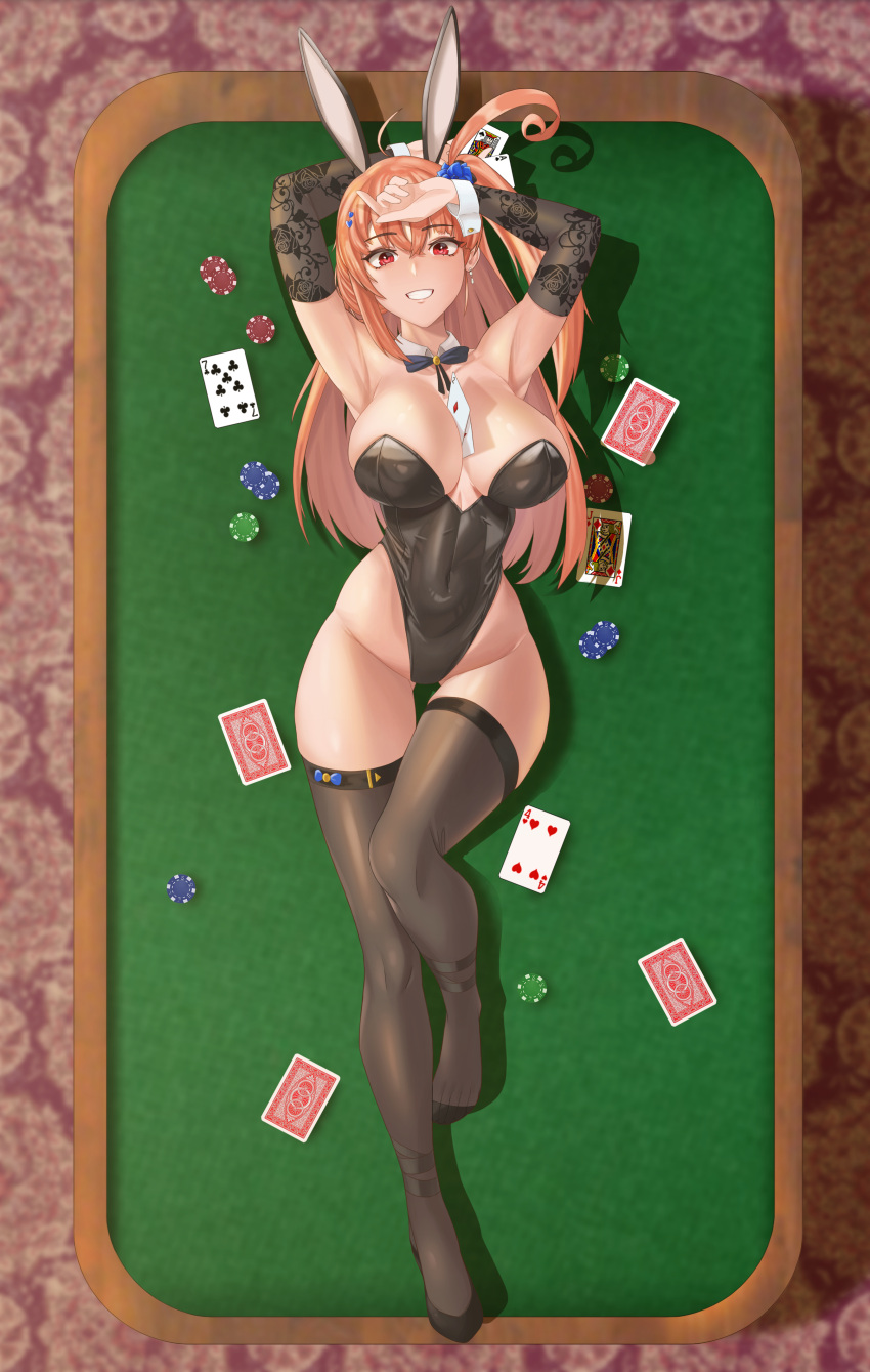 1girl abs absurdres animal_ears armpits arms_up bare_hips between_breasts black_gloves black_legwear black_leotard bow bowtie breasts card card_between_breasts casino casino_card_table chips cleavage collar commission elbow_gloves epko food gloves grin highleg highleg_leotard highres large_breasts last_origin leotard lying momo_(last_origin) on_back playboy_bunny rabbit_ears seductive_smile smile solo thick_thighs thigh_gap thighhighs thighs