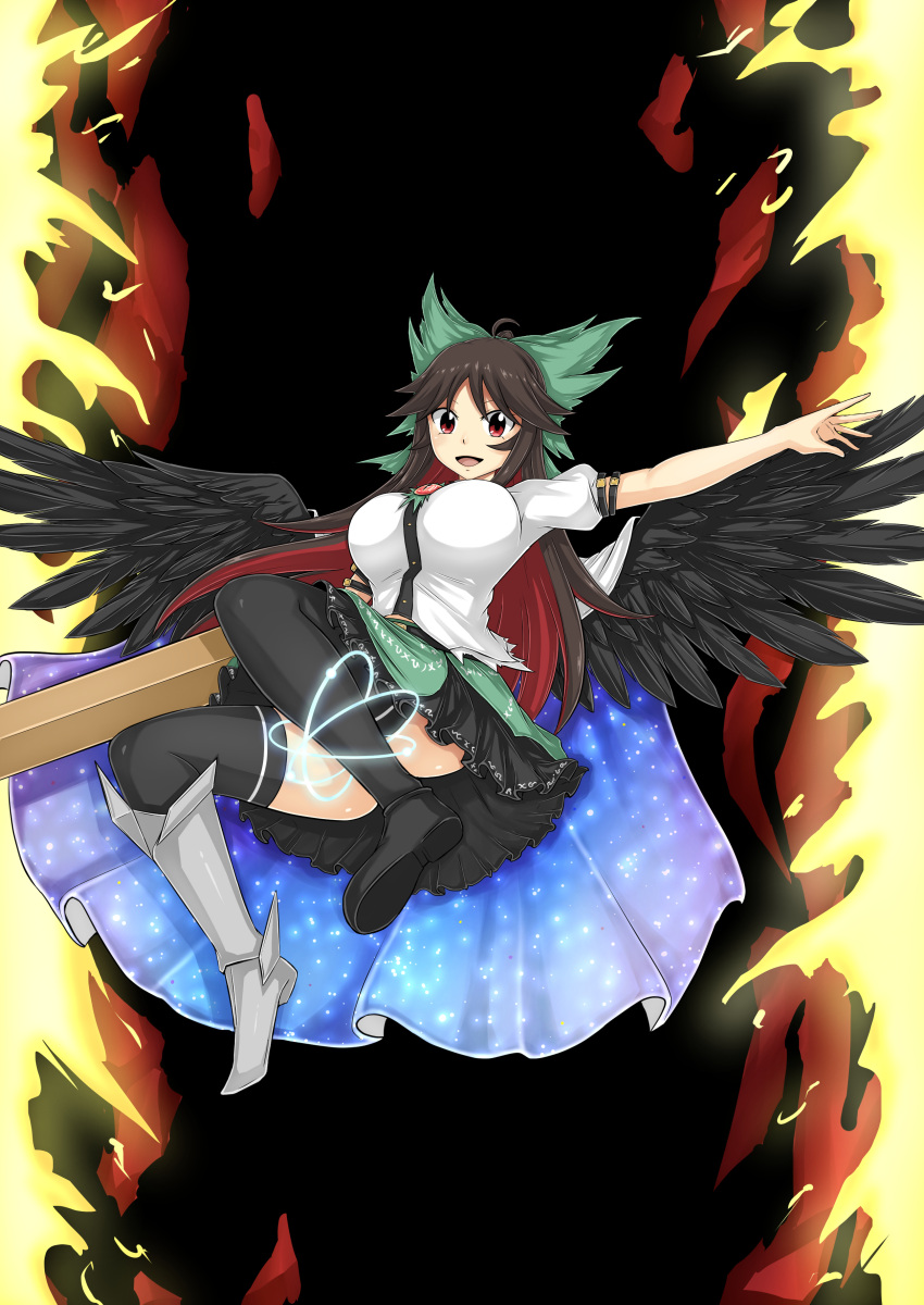 1girl absurdres abyss_arts ahoge arm_cannon armored_boots asymmetrical_footwear bangs bird_wings black_footwear black_legwear black_wings boots bow breasts brown_hair cape colored_inner_hair commentary_request control_rod convenient_leg fire frilled_skirt frills full_body green_bow green_skirt hair_bow highres large_breasts long_hair looking_at_viewer mismatched_footwear multicolored_hair open_mouth ponytail puffy_short_sleeves puffy_sleeves red_eyes red_hair reiuji_utsuho shirt shoes short_sleeves single_shoe skirt solo starry_sky_print thighhighs third_eye touhou two-tone_hair weapon white_cape white_shirt wings