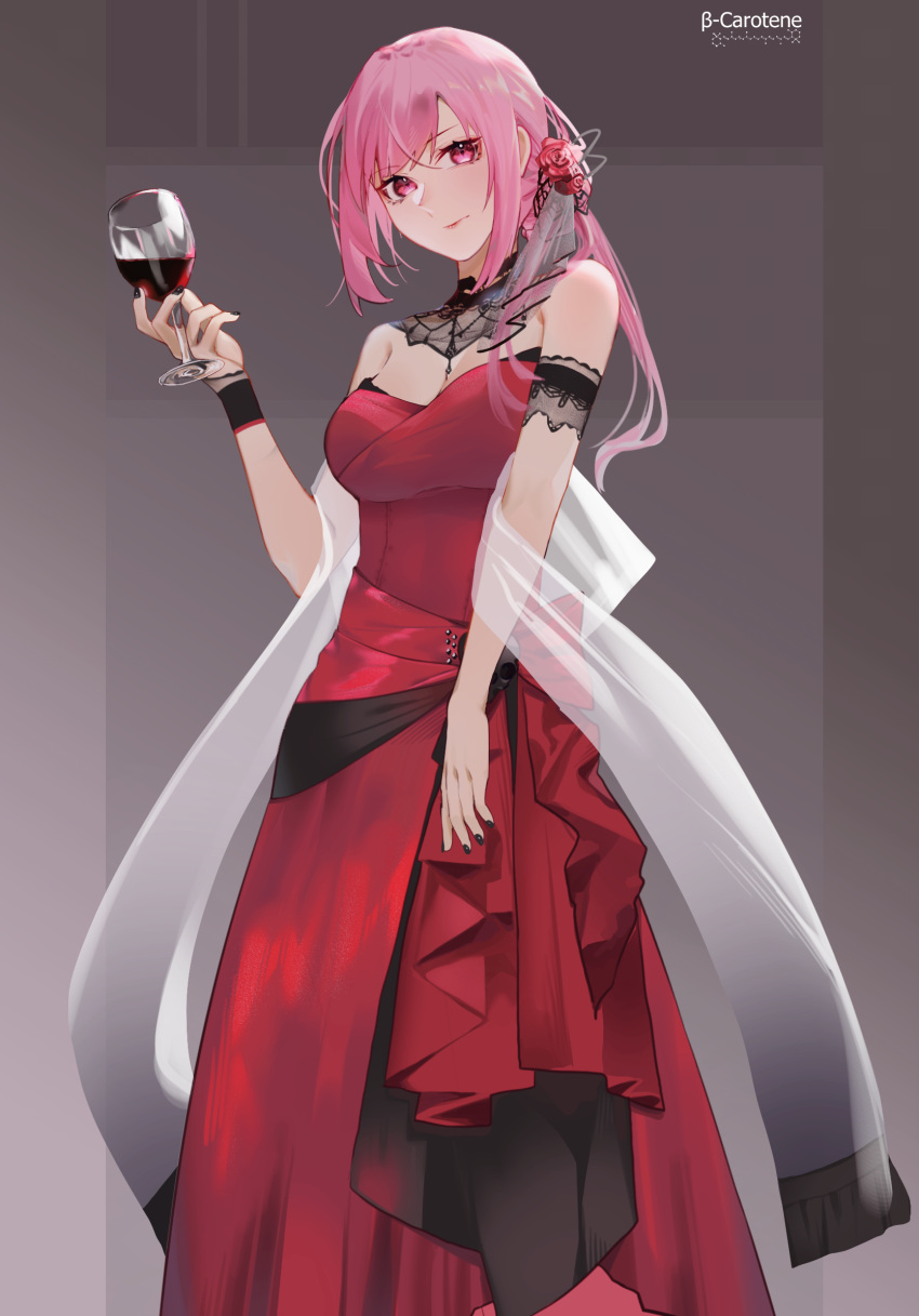 1girl alcohol armlet bare_shoulders black_choker black_nails breasts choker cleavage cup dress drinking_glass eyebrows_visible_through_hair flower hair_flower hair_ornament highres holding holding_cup hololive hololive_english large_breasts long_hair lufi_ays mori_calliope official_alternate_costume pink_eyes pink_hair red_dress red_flower red_rose rose solo virtual_youtuber wine wine_glass