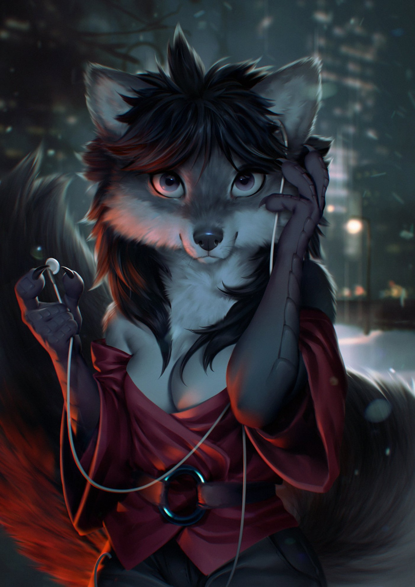 anthro belt black_hair braless breasts canid canine canis claws clothed clothing enfield female fluffy fluffy_tail fox fur grey_body grey_fur hair headphones hi_res hioshiru_(character) hybrid jacket looking_at_viewer mammal multicolored_body multicolored_fur outside pale_eyes red_clothing red_jacket red_topwear solo topwear tuft wayn_animation white_body white_fur wolf