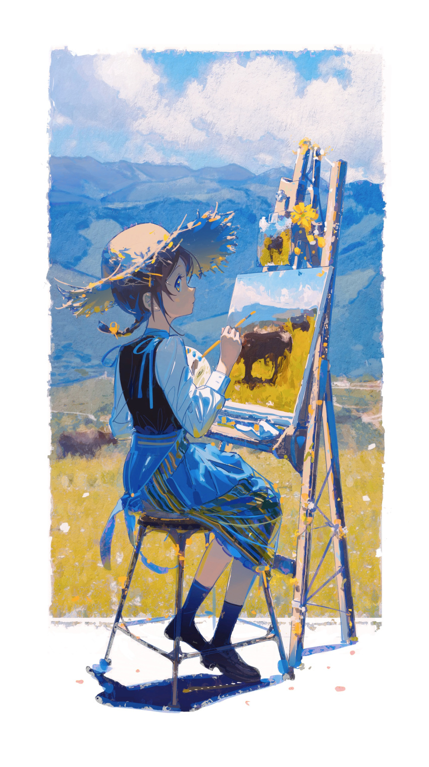 1girl absurdres blue_skirt brown_hair from_side full_body hat highres looking_back medium_hair mountain on_chair original paintbrush painting painting_(object) sheya_tin sitting skirt solo straw_hat