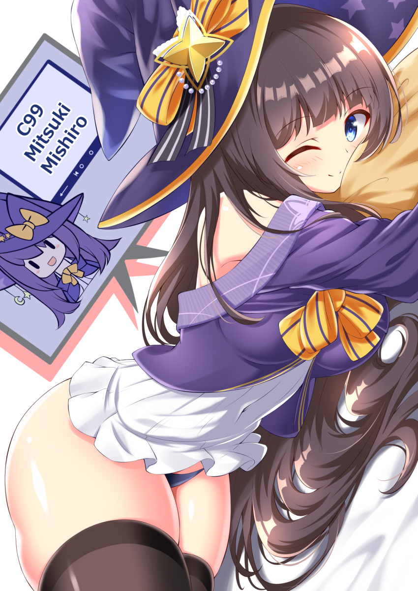 1girl ;) azur_lane bangs bare_shoulders bed_sheet blue_eyes blue_panties blush bow breasts brown_hair closed_mouth comiket_99 covered_navel dress dutch_angle eyebrows_visible_through_hair frilled_dress frills hat highres jacket kamishiro_(rsg10679) long_hair long_island_(azur_lane) lying medium_breasts object_hug off_shoulder on_stomach one_eye_closed panties pillow pillow_hug purple_headwear purple_jacket smile solo striped striped_bow thighs underwear very_long_hair white_dress witch_hat yellow_bow