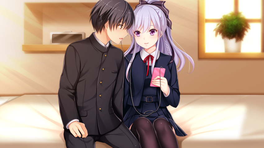 1boy 1girl akino_subaru belt belt_buckle black_bow black_hair black_jacket black_legwear black_pants blue_belt blue_jacket blue_skirt bow brown_eyes buckle cellphone couple earphones eye_contact floating_hair game_cg gin'iro_haruka hair_bow high_ponytail holding holding_phone indoors jacket kisaragi_mizuha long_hair long_sleeves looking_at_another miniskirt neck_ribbon niimi_yukito official_art on_bed open_clothes open_jacket pants phone pleated_skirt purple_eyes red_ribbon ribbon school_uniform sharing shiny shiny_hair short_hair silver_hair sitting skirt smartphone thighhighs wing_collar zettai_ryouiki