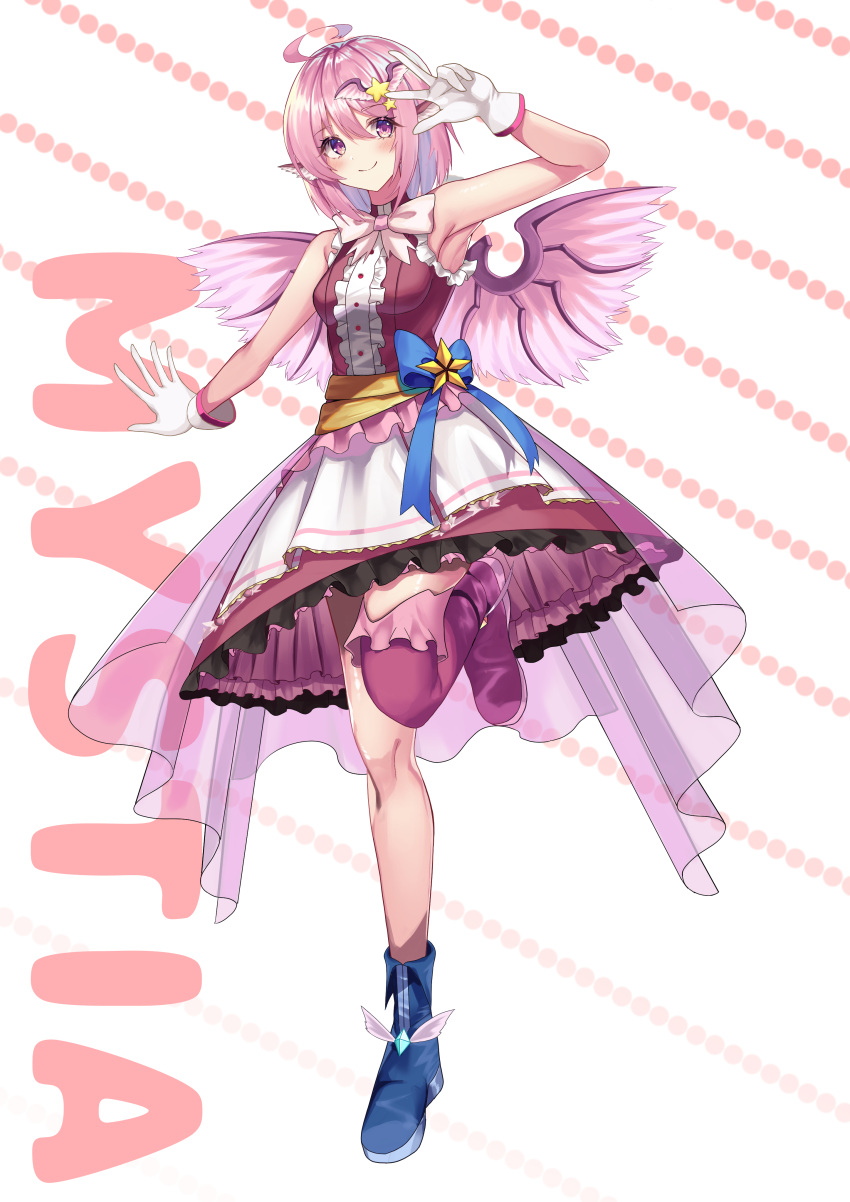 1girl absurdres afueeriru alternate_costume apron armpits bird_wings blue_sash boots character_name closed_mouth dress gloves hair_ornament highres idol mystia_lorelei one_eye_closed pink_dress pink_eyes pink_hair sash sleeveless sleeveless_dress smile solo standing star_(symbol) tachi-e touhou waist_apron white_background wings