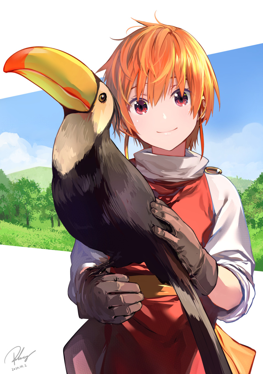 1girl bird blue_sky brown_gloves brown_hair cloud commentary dated gloves highres joy_(monster_farm) looking_at_viewer monster_farm outdoors re_lucy red_eyes sash signature sky smile toucan tree
