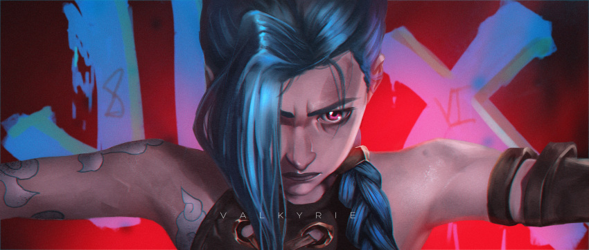 1girl absurdres arcane:_league_of_legends arm_tattoo artist_name asymmetrical_bangs bangs bare_shoulders blurry blurry_background braid brown_shirt brown_sleeves character_name cloud_tattoo detached_sleeves highres jinx_(league_of_legends) league_of_legends long_hair looking_at_viewer one_eye_closed pink_eyes portrait red_background shirt shoulder_tattoo single_braid single_sleeve sleeveless tattoo valkyrie_(ekpk5223)