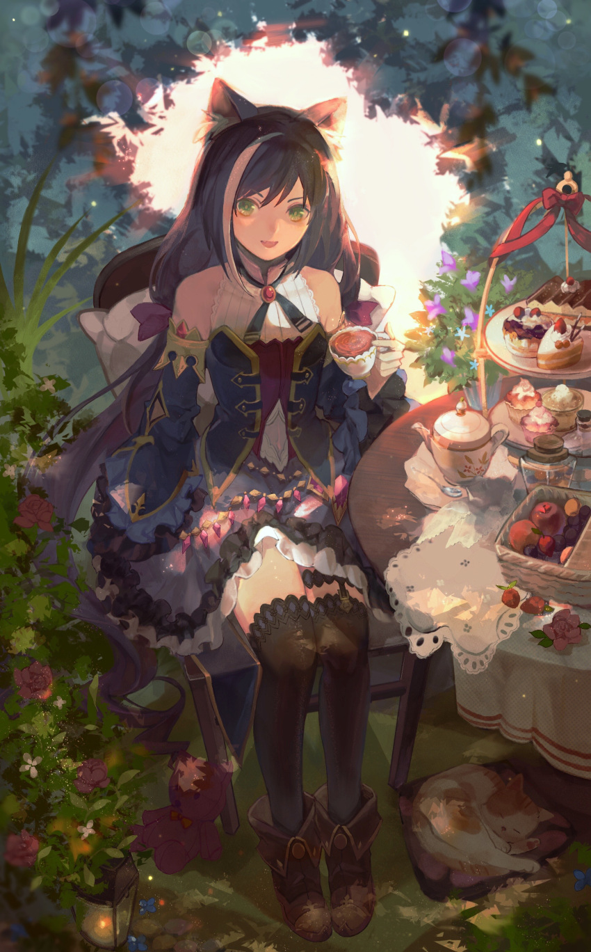 1girl :d absurdres animal_ear_fluff animal_ears backlighting bangs black_hair black_legwear black_ribbon blue_sleeves blurry blurry_foreground brown_footwear cat_ears cat_girl cup detached_sleeves full_body green_eyes highres holding holding_cup karyl_(princess_connect!) lantern layered_skirt lens_flare long_hair long_sleeves looking_at_viewer miniskirt multicolored_hair neck_ribbon outdoors princess_connect! purple_skirt ribbon sitting skirt smile solo streaked_hair tharsis_(392724022) thighhighs very_long_hair