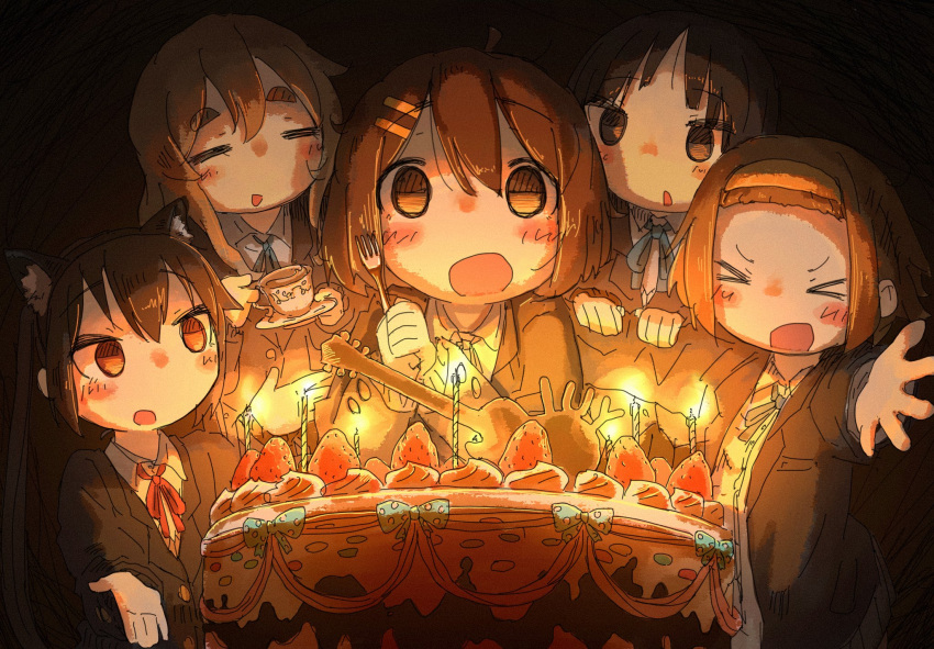 &gt;_&lt; &gt;o&lt; 5girls :d akiyama_mio animal_ears birthday_cake black_hair blonde_hair blush brown_eyes brown_hair cake cat_ears closed_eyes eyebrows_visible_through_hair facing_viewer fake_animal_ears food fork hair_ornament hairband hairclip highres hirasawa_yui holding holding_fork k-on! kotobuki_tsumugi leoleonardk10 long_hair looking_at_another looking_at_viewer multiple_girls nakano_azusa open_mouth parted_lips short_hair smile tainaka_ritsu twintails xd