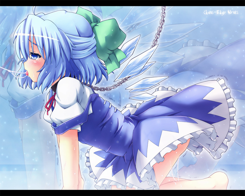 all_fours barefoot bdsm chain cirno collar cum cum_string etogami_kazuya letterboxed profile pussy_juice solo touhou wallpaper zoom_layer