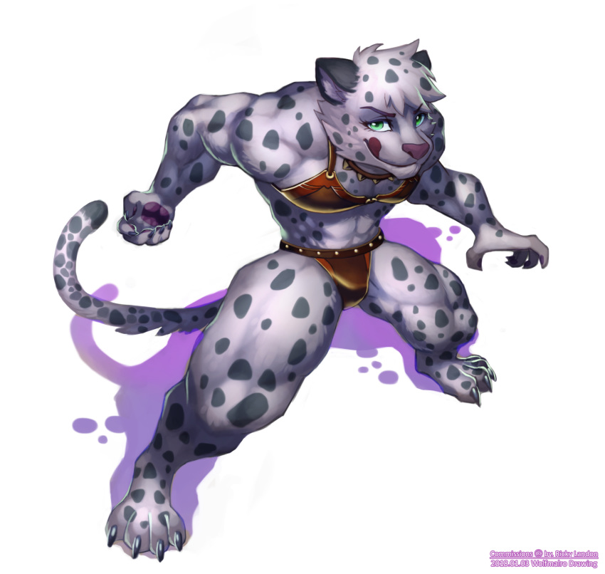 anthro bikini_armor claws clothed clothing collar crossdressing felid fur green_eyes licking licking_lips looking_at_viewer male mammal muscular muscular_male pantherine ricky_landon snow_leopard solo spiked_collar spikes spots standing toe_claws tongue tongue_out white_fur wolfmalro