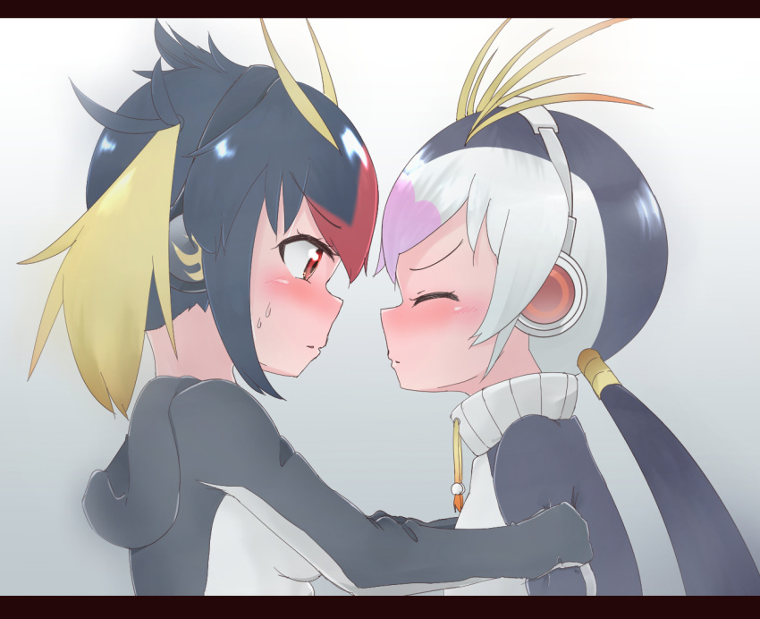 2girls black_hair blonde_hair blush commentary_request drawstring eyebrows_visible_through_hair hands_on_another's_shoulders headphones hoihoikorokoro hood hood_down hoodie imminent_kiss kemono_friends long_sleeves multicolored_hair multiple_girls nose_blush penguins_performance_project_(kemono_friends) pink_hair purple_hair red_eyes rockhopper_penguin_(kemono_friends) royal_penguin_(kemono_friends) short_hair sweatdrop twintails yuri