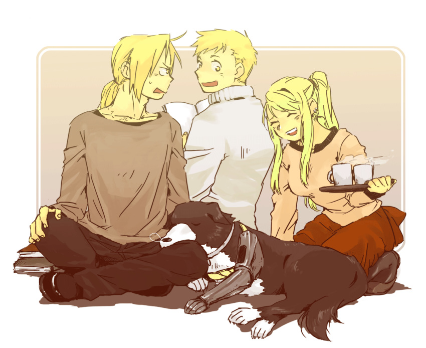 1girl 2boys :d ^_^ alphonse_elric animal automail bangs blonde_hair book brothers closed_eyes coffee_mug cup den_(fma) dog edward_elric eyes_closed fingernails frown full_body fullmetal_alchemist hand_on_own_knee igi_(tarqu0ise) legs_crossed long_sleeves looking_away looking_back mug multiple_boys open_book open_mouth ponytail profile seiza short_hair siblings sitting sleeping smile steam sweatdrop sweater tray upper_teeth winry_rockbell yellow_eyes