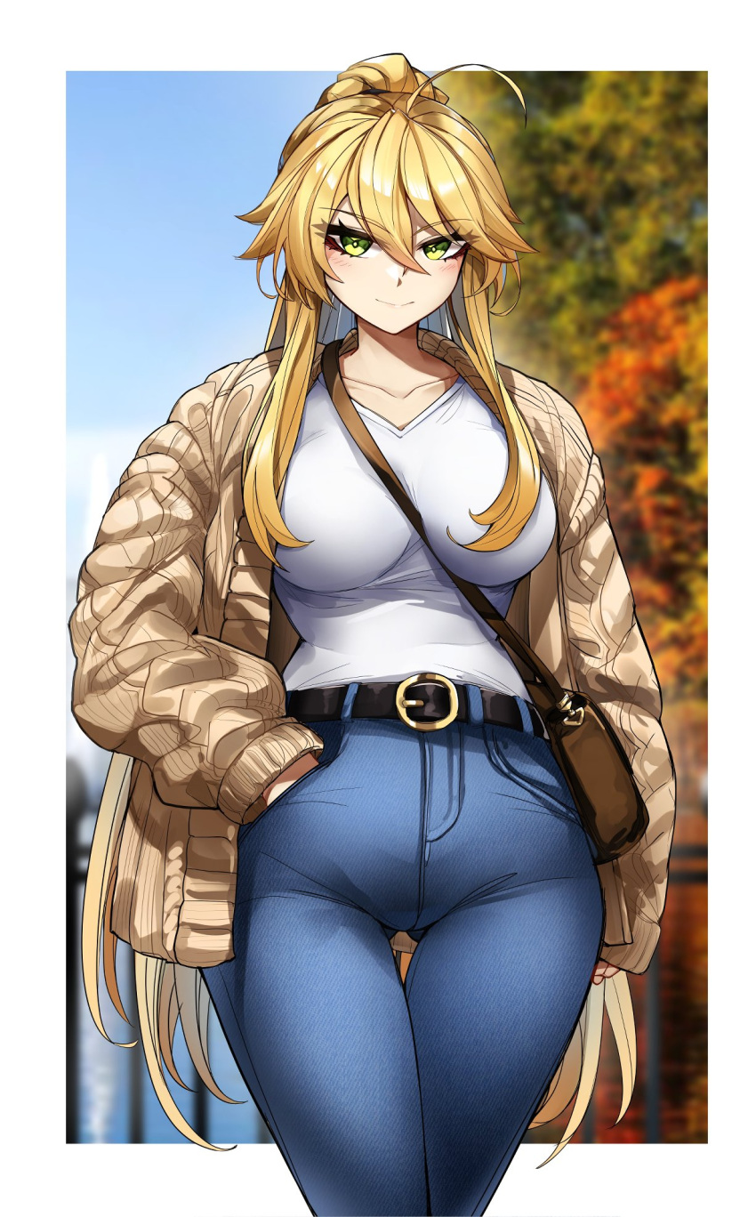 1girl ahoge artoria_pendragon_(fate) artoria_pendragon_(lancer)_(fate) bag belt blonde_hair blush breasts casul denim fate/grand_order fate_(series) green_eyes hand_in_pocket handbag highres jeans large_breasts pants shirt sidelocks white_shirt wide_hips