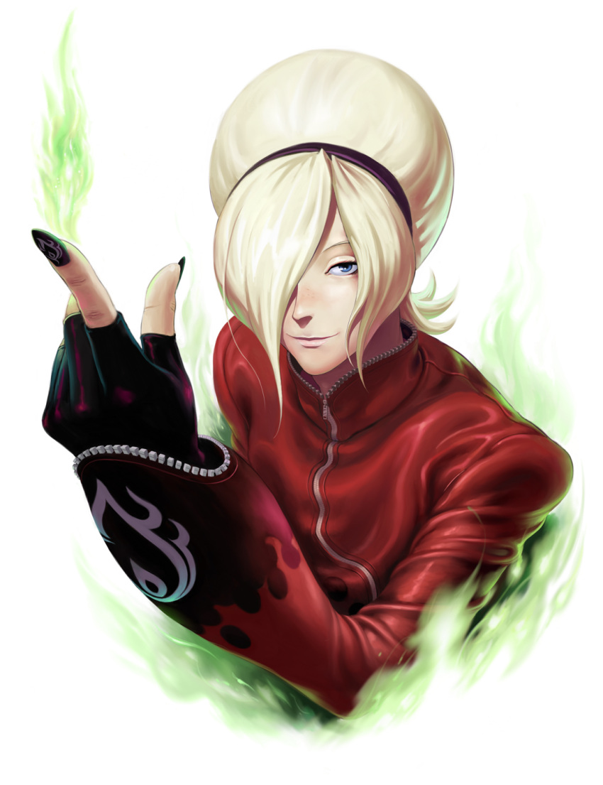 1boy androgynous ash_crimson black_nails blonde_hair blue_eyes commentary_request fingerless_gloves fingernails fire freckles gloves green_fire hair_over_one_eye hairband highres long_fingernails male_focus nail_art nail_polish photoshop_(medium) pyrokinesis sakkan solo the_king_of_fighters upper_body zipper