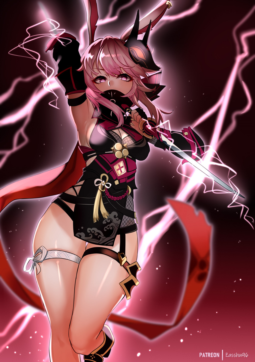 1girl absurdres alternate_eye_color animal_ears arm_up armpits artist_name bangs breasts cleavage dual_persona earrings electricity fingerless_gloves fox_ears fox_mask gauntlets gloves highres holding holding_sword holding_weapon honkai_(series) honkai_impact_3rd jewelry katana long_hair looking_at_viewer mask ninja pink_eyes pink_hair purple_eyes red_neckwear scarf solo sword v-shaped_eyebrows weapon yae_kasumi yae_sakura yae_sakura_(darkbolt_jonin) zasshu