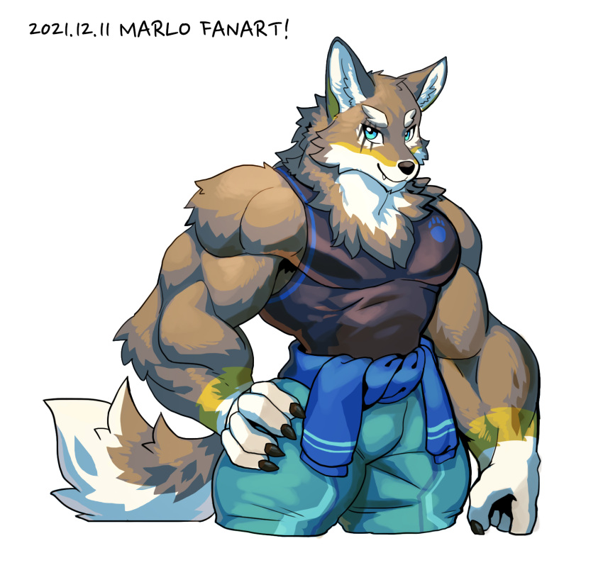 2021 anthro biceps blue_eyes bottomwear brown_body brown_fur canid canine canis clothing fur hi_res male mammal muscular muscular_anthro muscular_male ogami_aratsuka simple_background solo topwear virtual_youtuber white_background wolf wolfmalro