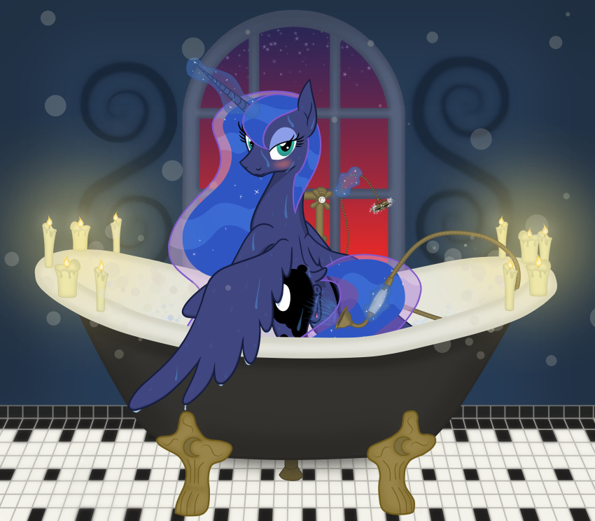 absurd_res anus aroused bath bathroom bathtub bedroom_eyes blue_body blue_fur blue_hair blush bubble camo-pony candle candlelight chain claw_foot_bathtub clitoris drain_plug equid equine ethereal_hair female female_focus feral floor friendship_is_magic fur genitals hair hasbro hi_res horn hose levitation lidded_eyes light looking_at_viewer magic magic_user mammal masturbation mega_spark my_little_pony narrowed_eyes partially_submerged plug princess_luna_(mlp) pussy seductive shower shower_head showering solo spread_wings standing sunset tile tile_floor twilight water water_jacking wet wet_mane window winged_unicorn wings