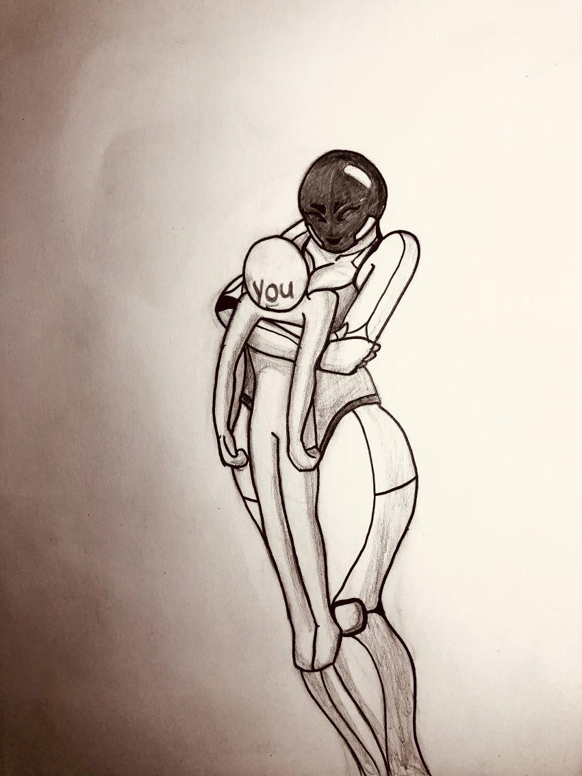 absurd_res android bianica_(justansalt) blank_humanoid breast_squish breasts clothing curvy_figure dialogue droid duo embrace embracing_another eyes_closed female graphite_(artwork) happy hi_res holding_another hug humanoid justansalt larger_female lifting_another living_machine machine male male/female monochrome not_furry pencil_(artwork) robot robot_humanoid screen screen_face simple_background size_difference smile squish standing thick_thighs traditional_media_(artwork) voluptuous wholesome_hug wide_hips