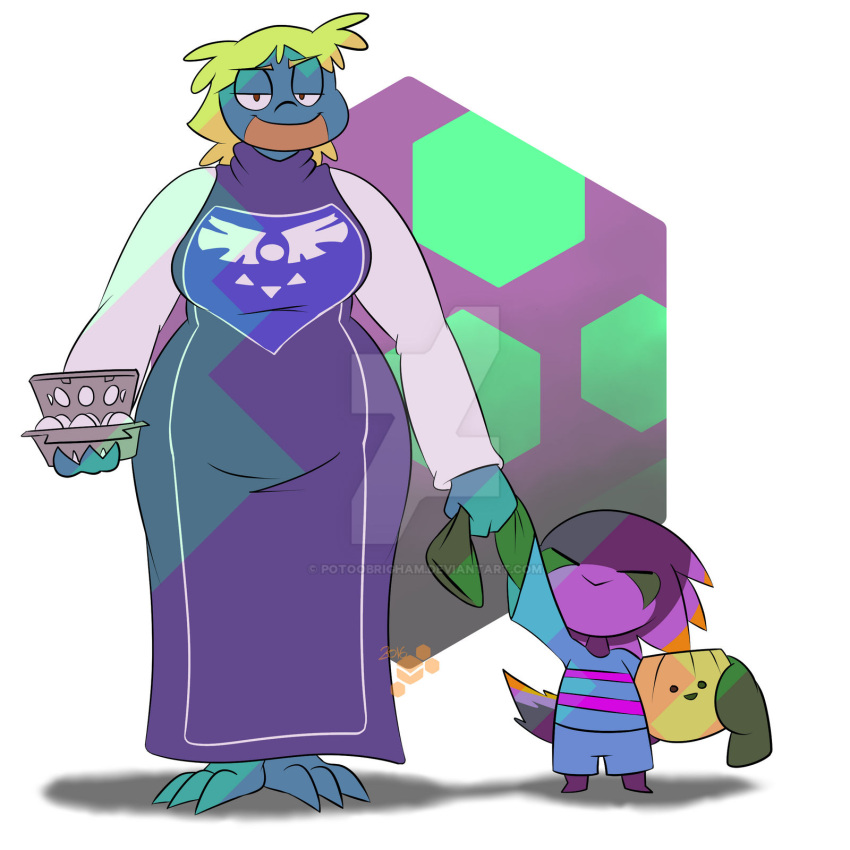 anthro aura_(junk_planet) avian bree_(junk_planet) duo egg female halloween_costume hand_holding hi_res male potoobrigham protagonist_(undertale) scalie shaded simple_background smug toriel undertale undertale_(series) video_games wide_hips