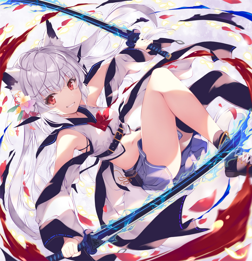 1girl animal_ear_fluff animal_ears armpits ass bare_legs bare_shoulders belt black_legwear boots bow bowtie breasts crop_top dual_wielding flower fox_ears fox_girl fox_tail grey_skirt grin hair_flower hair_ornament highres holding holding_sword holding_weapon japanese_clothes katana legs_up long_hair long_sleeves looking_at_viewer midriff miniskirt navel off_shoulder original outstretched_arms red_eyes revealing_clothes reverse_grip revision shirt single_thighhigh skirt small_breasts smile solo stomach sword tail tenmu_shinryuusai thighhighs thighs weapon white_hair white_shirt