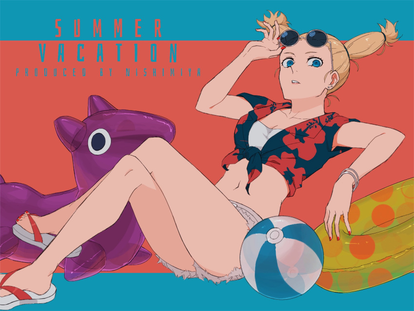 1girl ball bare_legs beachball blonde_hair blue_background blue_eyes bracelet breasts cleavage collarbone crossed_legs earrings eyewear_on_head hibiscus_print highres innertube ino_(juju51228) jewelry jujutsu_kaisen looking_at_viewer nail_polish nishimiya_momo parted_lips print_shirt red_background red_nails round_eyewear shiny shiny_hair shirt short_shorts short_sleeves shorts small_breasts solo sunglasses tied_shirt toenail_polish toenails torn_clothes torn_shorts twintails two-tone_background white_bandeau white_shorts