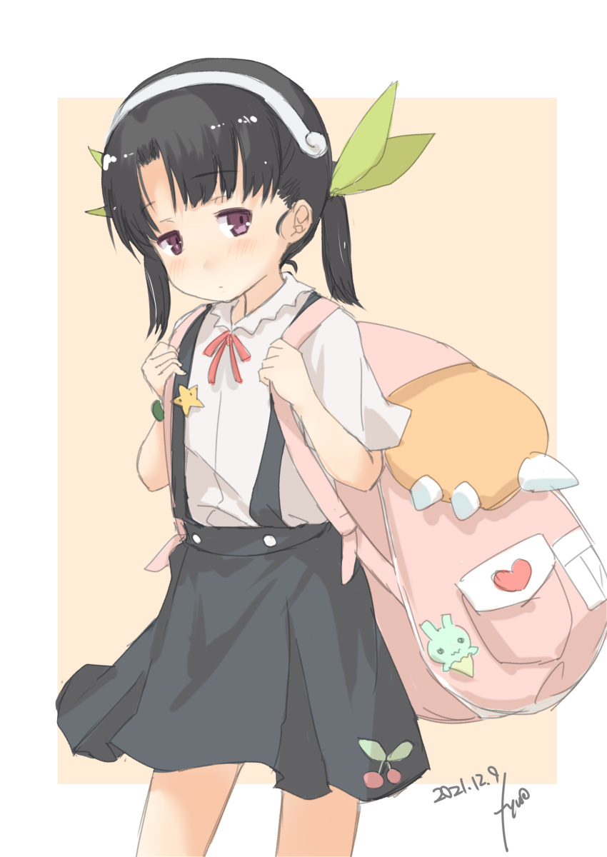 1girl absurdres backpack bag bakemonogatari black_hair black_skirt commentary_request cosplay cowboy_shot dress_shirt fyuo hachikuji_mayoi hachikuji_mayoi_(cosplay) hairband highres kantai_collection look-alike looking_at_viewer monogatari_(series) purple_eyes ribbon shirt short_hair short_sleeves shounan_(kancolle) skirt solo suspender_skirt suspenders twintails white_shirt