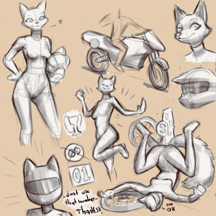 69_(number) anthro armor biker butt canid canine clothed clothing dany-j female flat_colors fox headgear helmet hi_res mammal model_sheet racer simple_background sketch solo