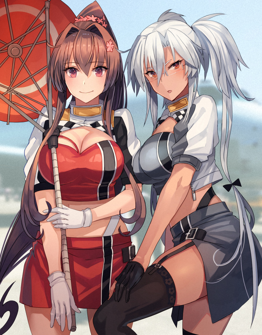 2girls alternate_costume bandeau black_gloves black_legwear blush breasts brown_eyes brown_hair closed_mouth eyebrows_visible_through_hair flower gloves grey_skirt hair_between_eyes hair_flower hair_ornament half_gloves highres jacket kantai_collection kasumi_(skchkko) large_breasts long_hair looking_at_viewer multiple_girls musashi_(kancolle) oil-paper_umbrella open_clothes open_jacket open_mouth pink_flower ponytail race_queen red_bandeau red_eyes red_skirt red_umbrella short_sleeves silver_hair skirt smile thighhighs two_side_up umbrella white_gloves yamato_(kancolle)