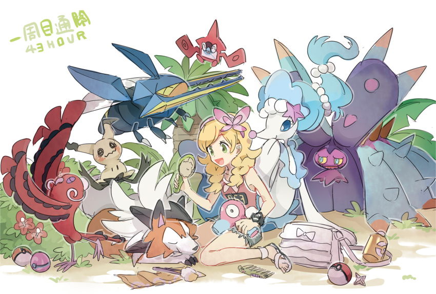 1girl alternate_hair_color bag bag_removed blonde_hair braid commentary_request flower hair_brush hair_flower hair_ornament heal_ball holding huan_li long_hair lycanroc lycanroc_(dusk) mimikyu oricorio oricorio_(baile) pink_shirt poke_ball poke_ball_(basic) pokemon pokemon_(creature) pokemon_(game) pokemon_usum primarina rotom rotom_dex sandals selene_(pokemon) shirt shorts sleeveless sleeveless_shirt toxapex twin_braids vikavolt