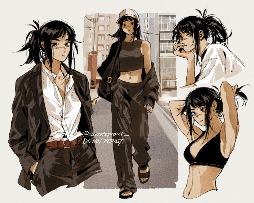 1girl bag bangs baseball_cap belt black_hair black_suit bra breasts carrotsprout casual chainsaw_man cleavage collage collared_shirt formal hat highres jacket long_hair navel open_clothes open_shirt pant_suit ponytail sandals scar scar_on_cheek scar_on_face scar_on_nose shirt solo suit tank_top tendou_michiko tied_hair tying tying_hair unbuttoned unbuttoned_shirt underwear