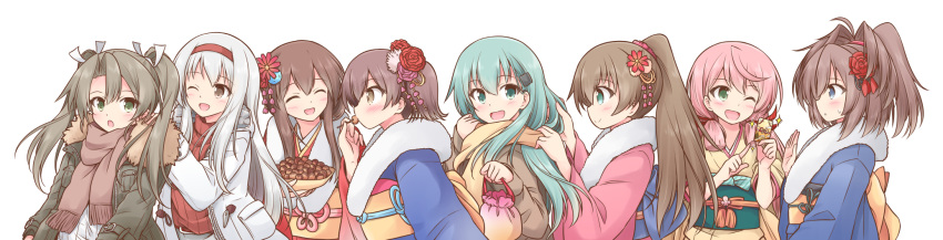 6+girls akagi_(kancolle) akashi_(kancolle) alternate_costume blue_eyes blue_kimono blunt_tresses brown_eyes brown_hair closed_eyes dark_green_hair flower green_eyes green_jacket hair_flower hair_ornament hair_ribbon hairclip headband highres icesherbet jacket japanese_clothes kaga_(kancolle) kantai_collection kimono kumano_(kancolle) long_hair long_sleeves multiple_girls obi official_alternate_costume one_eye_closed pink_hair ponytail red_headband red_kimono ribbon sash sheffield_(kancolle) short_sidetail shoukaku_(kancolle) side_ponytail straight_hair suzuya_(kancolle) tress_ribbon twintails white_hair white_jacket white_ribbon zuikaku_(kancolle)