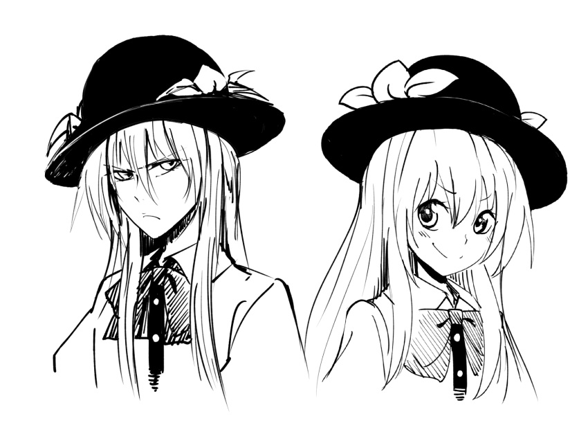 1girl bangs black_headwear blush bow bowtie buttons closed_mouth collar collared_shirt eyebrows_visible_through_hair eyes_visible_through_hair food fruit hair_between_eyes hat highres hinanawi_tenshi leaf looking_to_the_side monochrome peach puffy_short_sleeves puffy_sleeves shiguma_(signalmass) shirt short_sleeves simple_background smile solo touhou upper_body white_background white_shirt