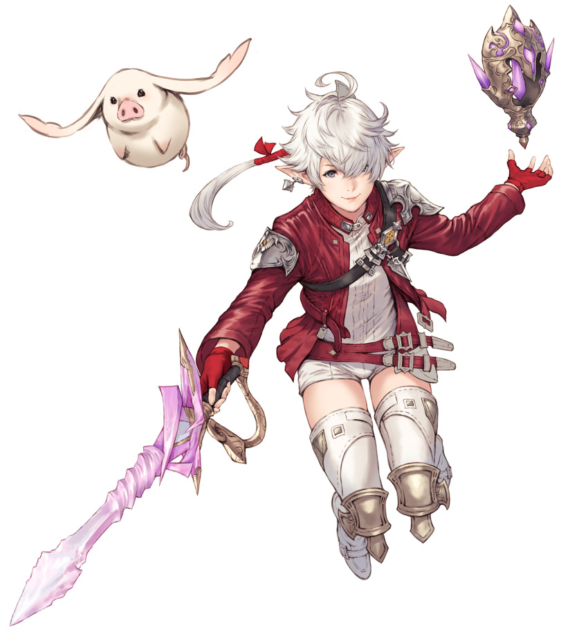 1girl ahoge alisaie_leveilleur armor bangs belt black_belt blue_eyes boots commentary earclip earrings elezen elf final_fantasy final_fantasy_xiv fingerless_gloves full_body gloves hair_over_one_eye hair_ribbon highres holding holding_sword holding_weapon jacket jewelry long_hair looking_at_viewer makimura_shunsuke outstretched_arm pauldrons pig pointy_ears ponytail red_belt red_gloves red_jacket red_mage ribbon shirt short_shorts shorts shoulder_armor shoulder_belt silver_hair simple_background smile solo sword thigh_boots thighhighs weapon white_background white_legwear white_shirt white_shorts