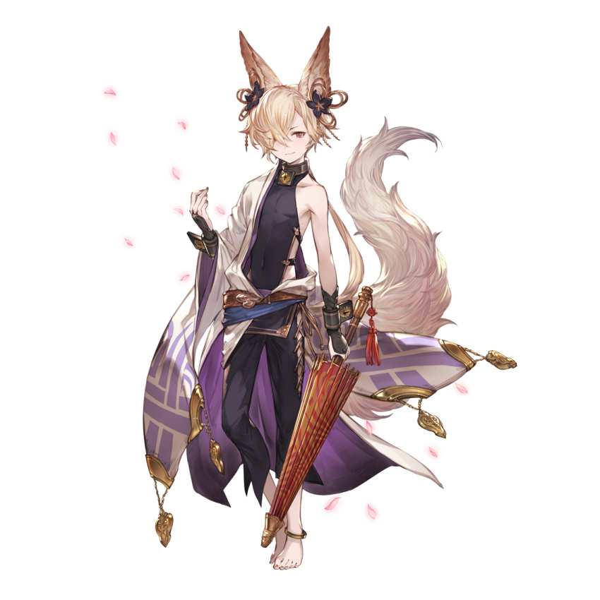 1boy animal_ears anklet bare_shoulders barefoot belt blonde_hair cherry_blossoms collar erune flower fox_ears fox_tail gloves granblue_fantasy hair_flower hair_ornament hair_over_one_eye jewelry kou_(granblue_fantasy) long_hair looking_at_viewer male_focus minaba_hideo off_shoulder official_art simple_background smile solo tail white_background yellow_eyes