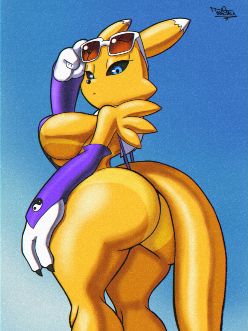 anthro bandai_namco big_breasts big_butt black_sclera breasts butt clothing digimon digimon_(species) digital_media_(artwork) female fur hi_res looking_at_viewer mammal renamon simple_background solo swimwear tansau thick_thighs white_body white_fur wide_hips yellow_body yellow_fur