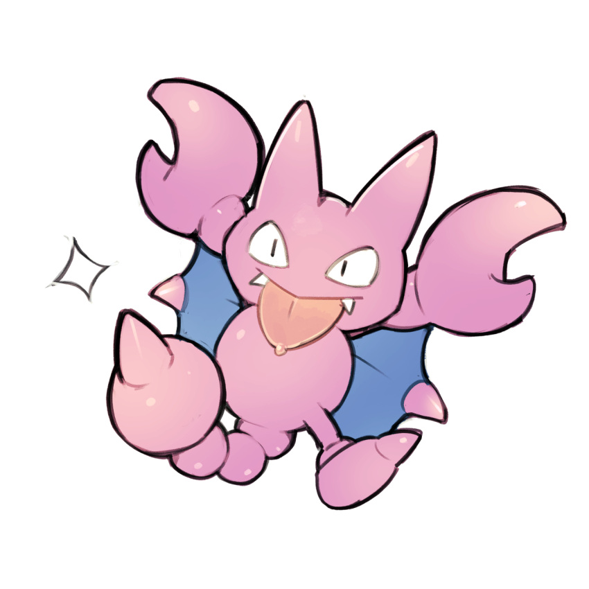 1_toe ambiguous_gender biped black_eyes blep blue_wings bodily_fluids claws digital_drawing_(artwork) digital_media_(artwork) dodudoru fangs feral front_view full-length_portrait gligar hi_res membrane_(anatomy) membranous_wings nintendo pincers pink_body pink_claws pink_tongue pok&eacute;mon pok&eacute;mon_(species) portrait raised_tail saliva simple_background solo sparkles stinger toe_claws tongue tongue_out video_games white_background wings