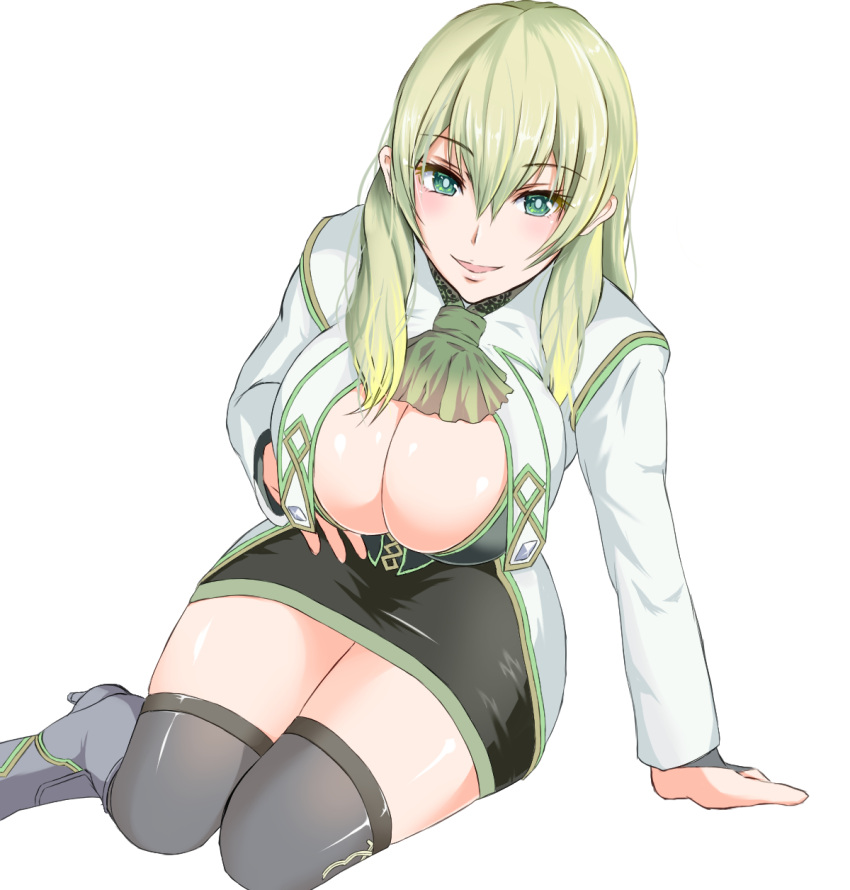 1girl border_break breasts cleavage fiona_(border_break) green_eyes green_hair highres large_breasts long_hair looking_at_viewer miniskirt open_mouth pencil_skirt shiwabuki_(guillotine_devil) simple_background skirt smile solo thighhighs white_background