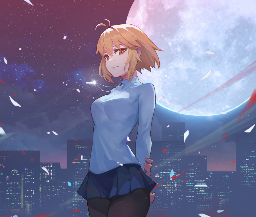 1girl absurdres ahoge arcueid_brunestud black_legwear black_skirt blonde_hair breasts building cityscape full_moon highres jewelry long_sleeves medium_breasts miniskirt moon necklace night night_sky outdoors pantyhose pleated_skirt red_eyes ryougi_shiki_(19888096) short_hair skirt sky solo star_(sky) starry_sky sweater tsukihime tsukihime_(remake) turtleneck turtleneck_sweater white_sweater